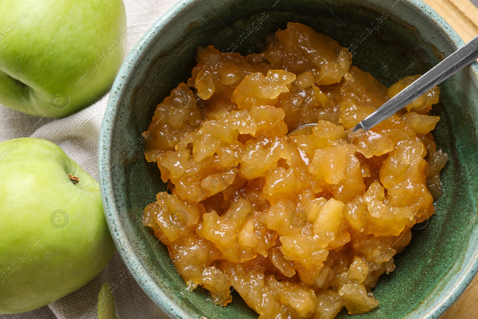 Photo of Delicious apple jam and fresh fruits on table, flat lay