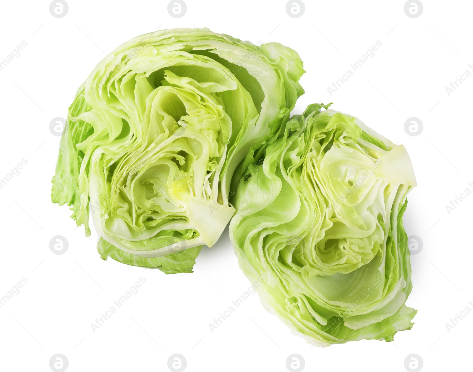 Photo of Halves of fresh green iceberg lettuce isolated on white, top view