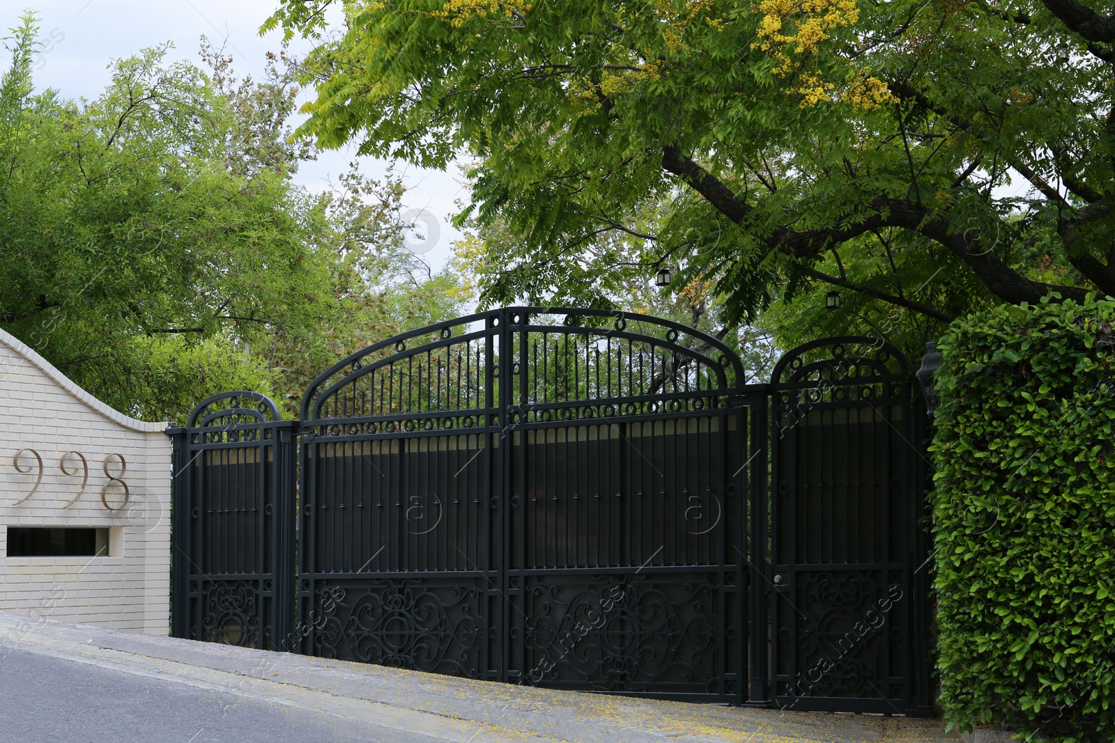 Photo of Closed metal gates near beautiful green plants on city street