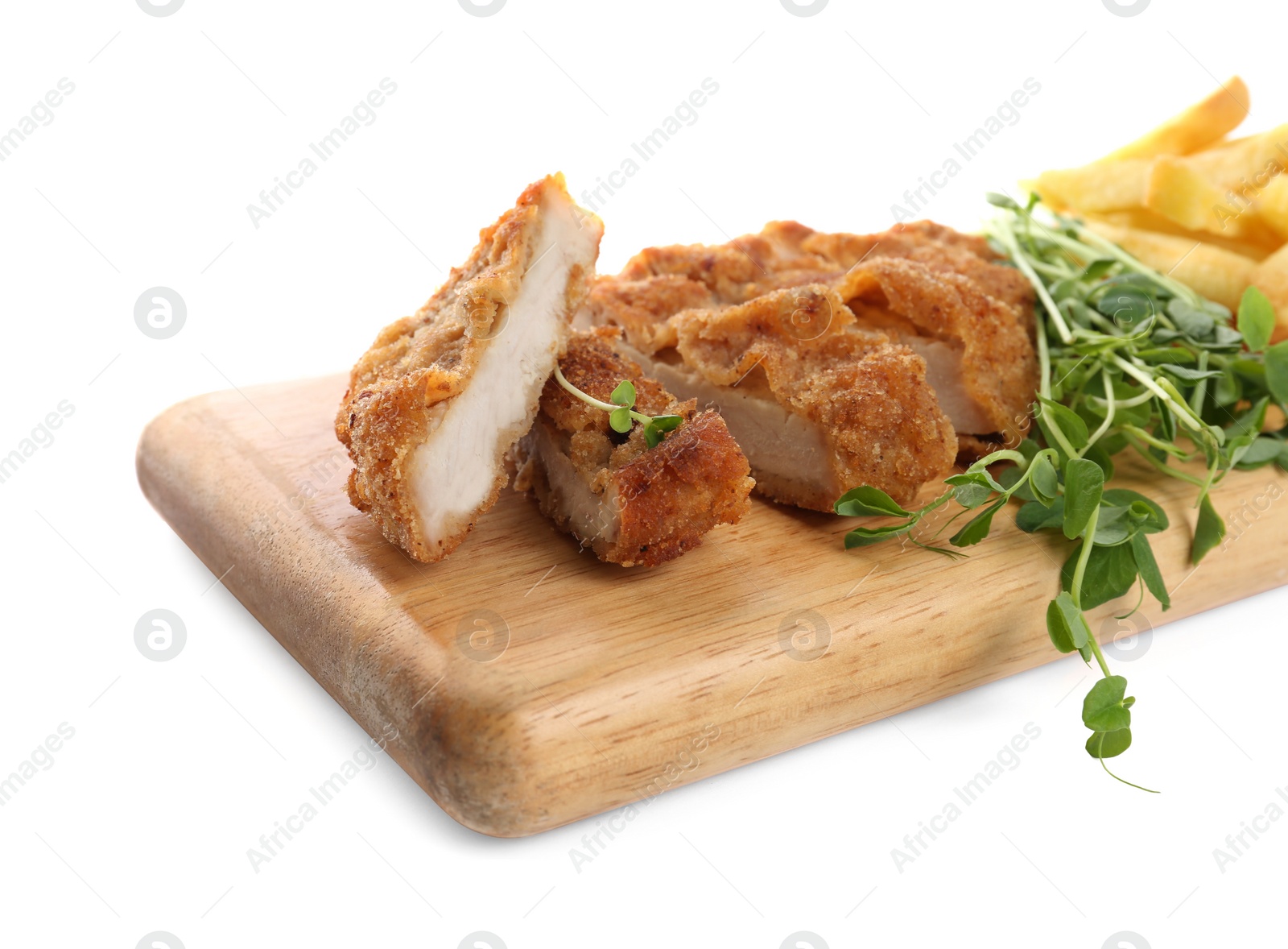 Photo of Delicious cut schnitzel with french fries and microgreens on white background