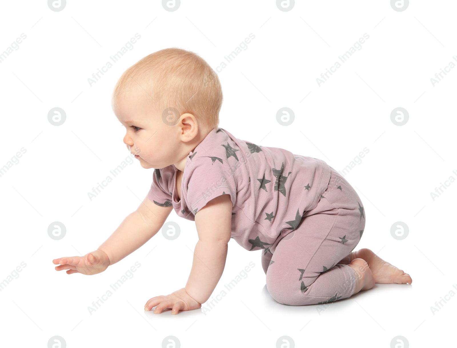 Photo of Cute little baby crawling on white background