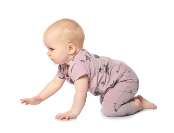 Cute little baby crawling on white background