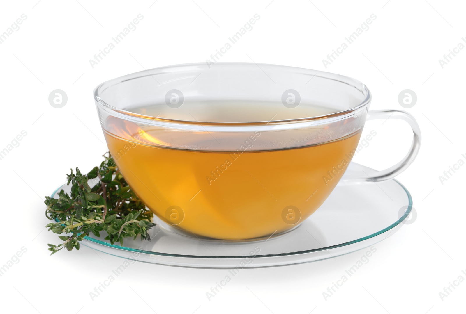 Photo of Aromatic herbal tea with thyme isolated on white