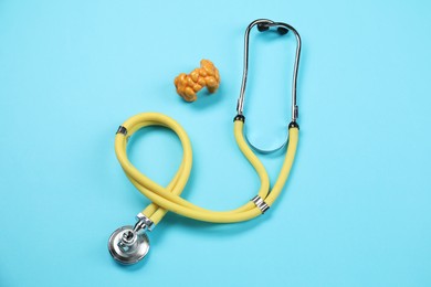 Endocrinology. Stethoscope and model of thyroid gland on light blue background, top view