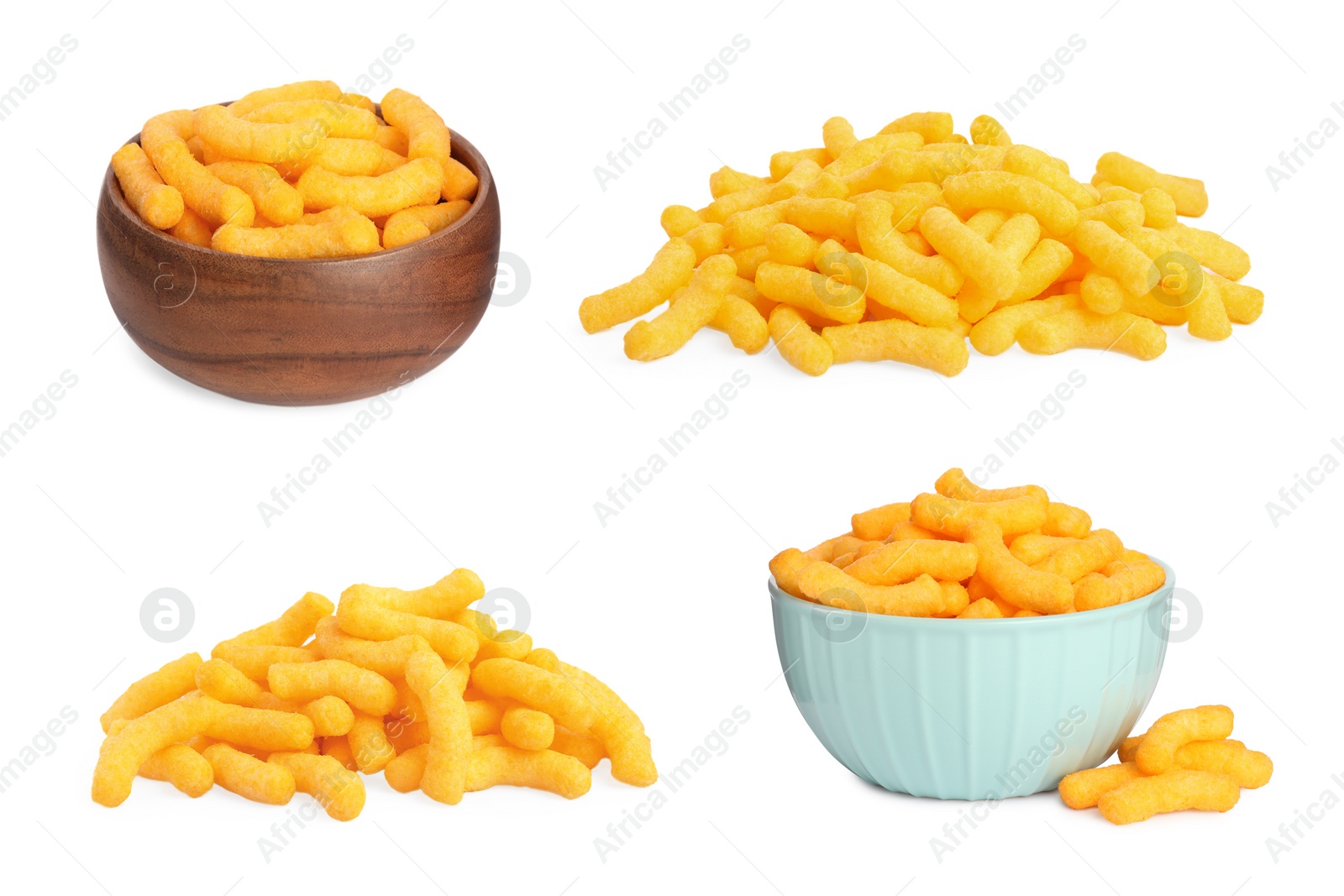 Image of Collage of tasty corn sticks on white background