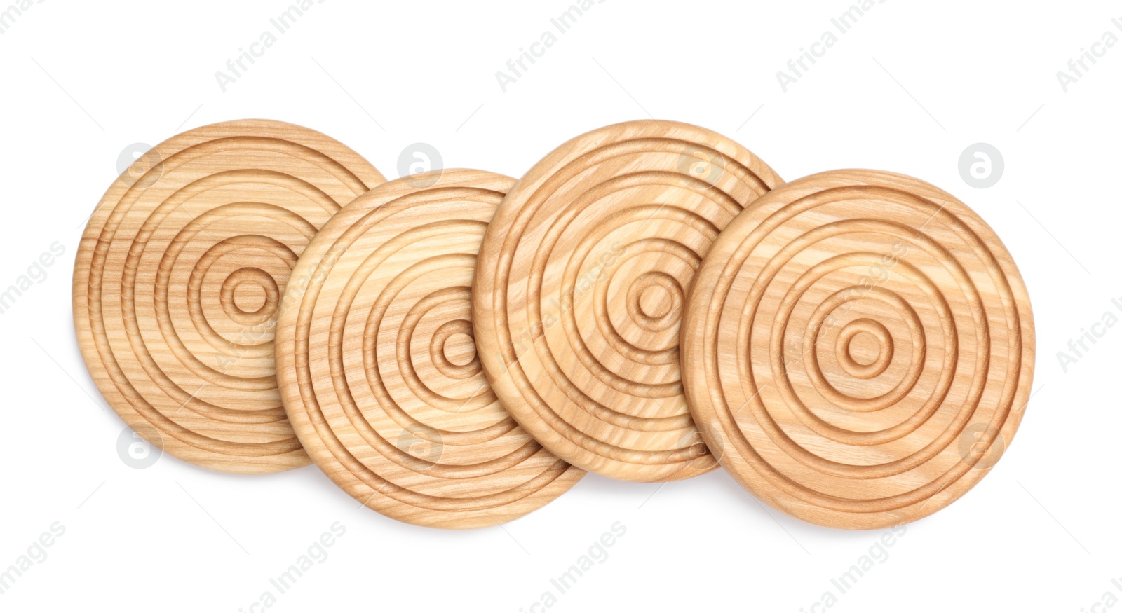 Photo of Stylish wooden cup coasters on white background, top view