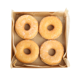 Photo of Delicious donuts in box isolated on white, top view