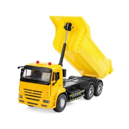 Photo of Yellow truck isolated on white. Children's toy
