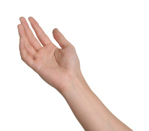 Photo of Freedom concept. Man showing his hand on white background, closeup
