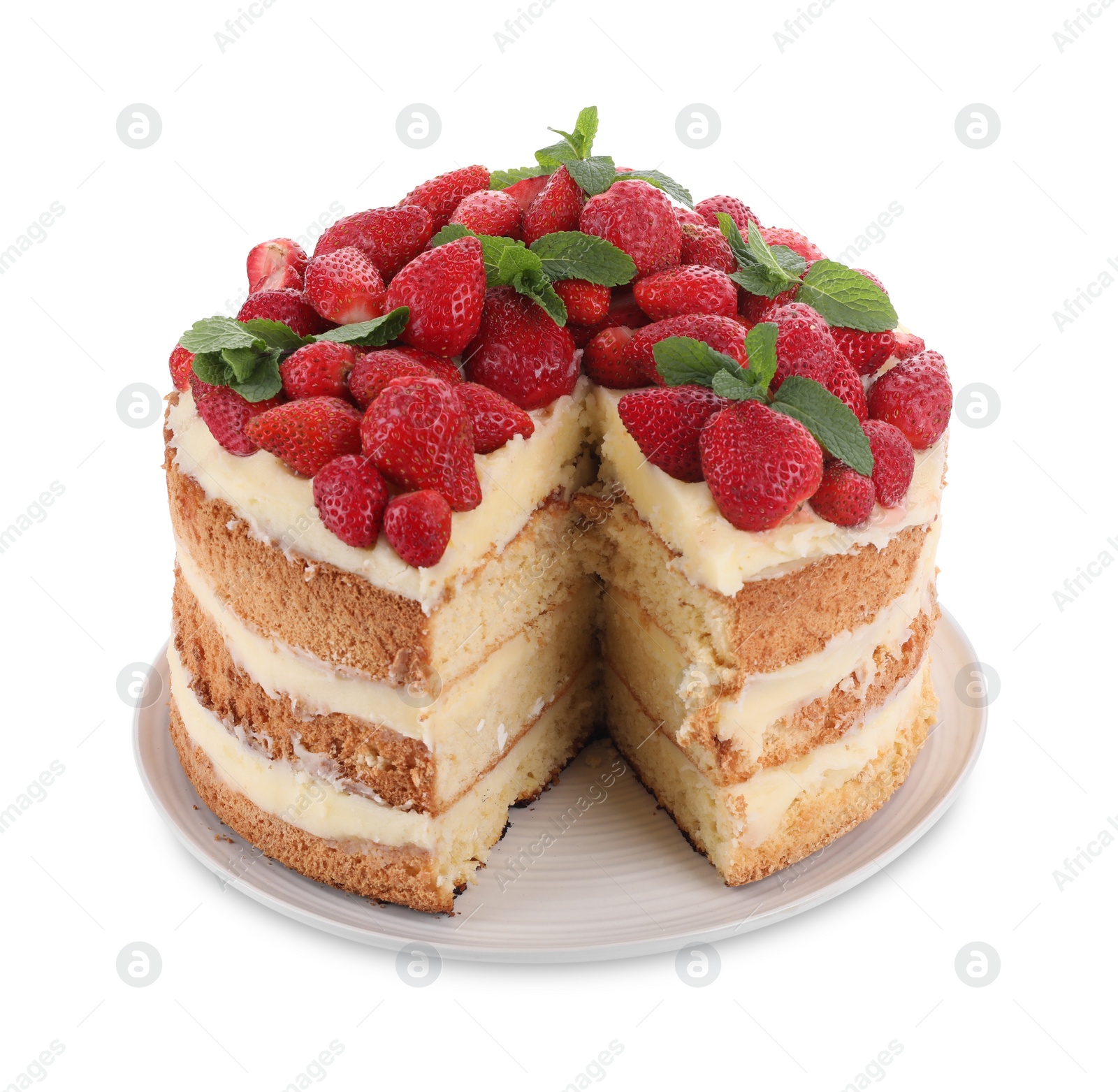 Photo of Tasty cake with fresh strawberries and mint isolated on white