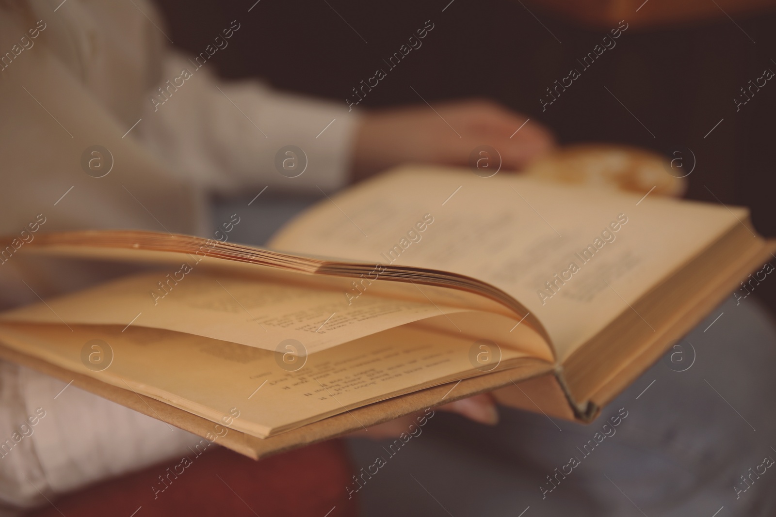 Image of Woman reading book in room, closeup view