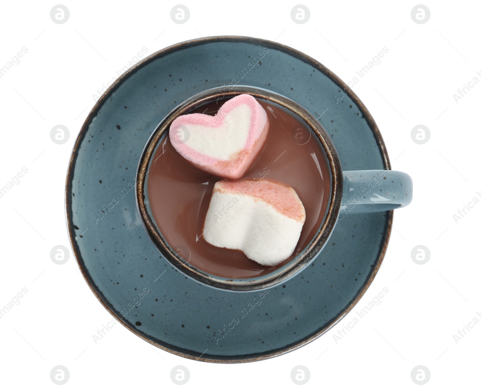 Photo of Cup of delicious hot chocolate with marshmallows isolated on white, top view