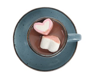 Cup of delicious hot chocolate with marshmallows isolated on white, top view