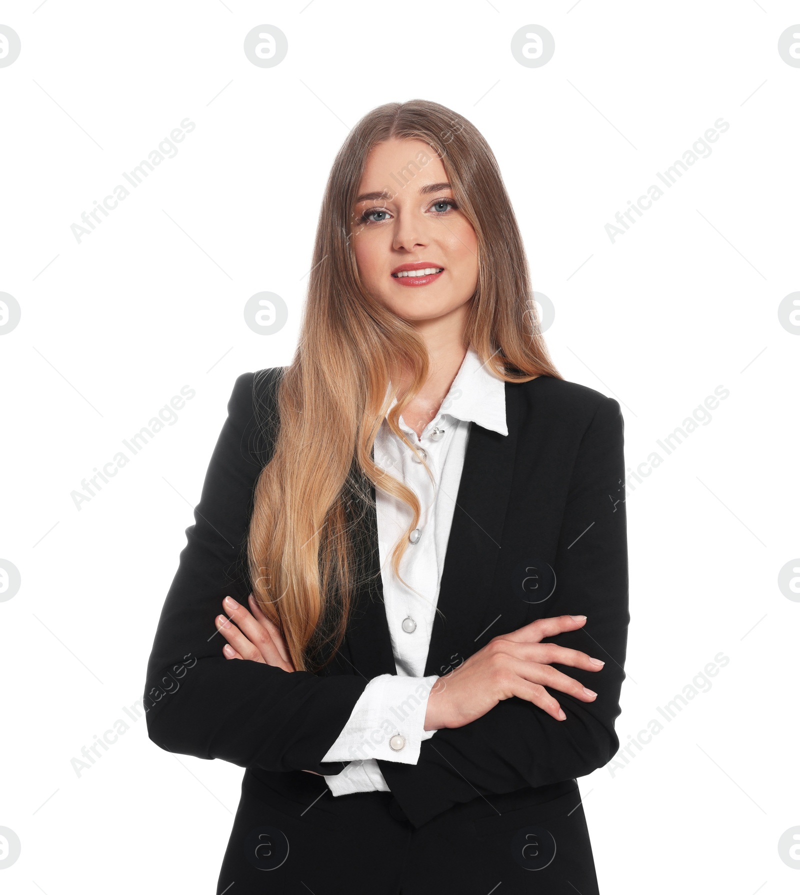 Photo of Portrait of young hostess in uniform on white background