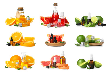 Image of Set with bottles of different essential oils and fresh citruses on white background