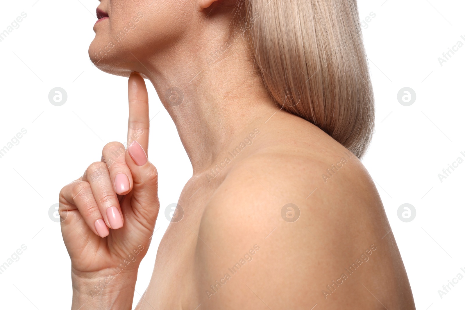 Photo of Woman touching her chin on white background, closeup