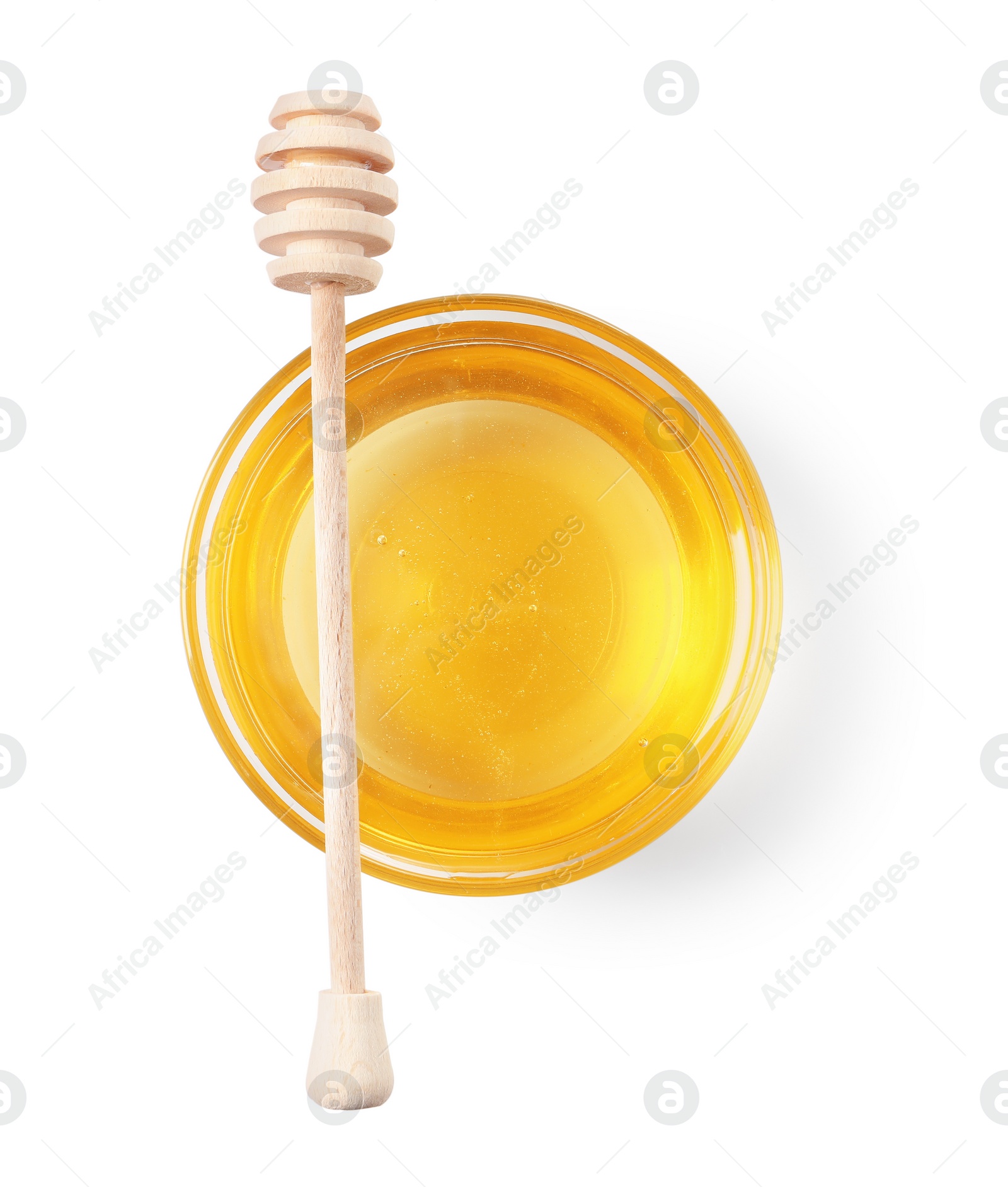 Photo of Tasty honey in bowl and dipper isolated on white, top view