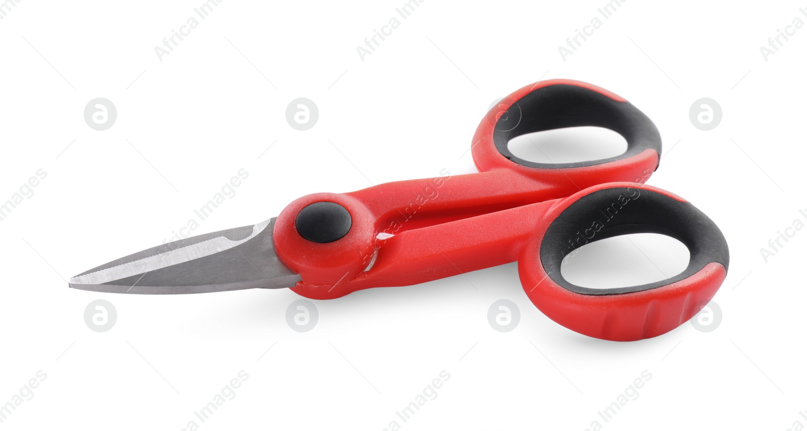 Photo of Electrician's scissors on white background. Professional tool