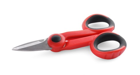 Photo of Electrician's scissors on white background. Professional tool