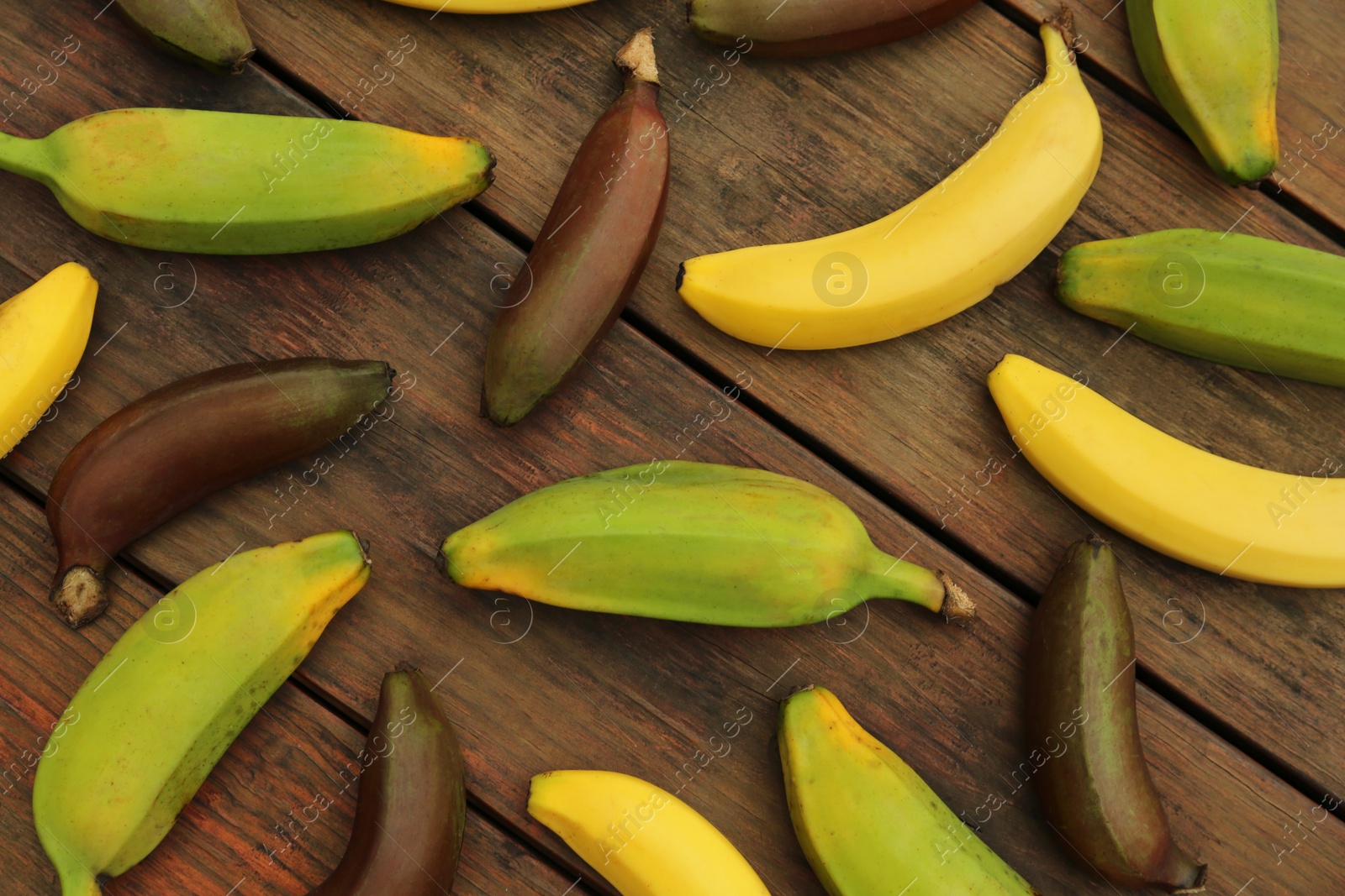 Photo of Many different bananas on wooden table, flat lay