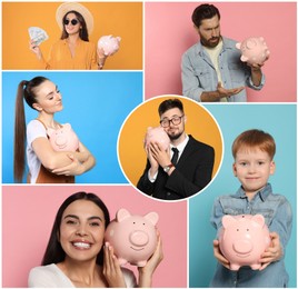 Image of Collage with photos of people holding ceramic piggy banks on different color backgrounds