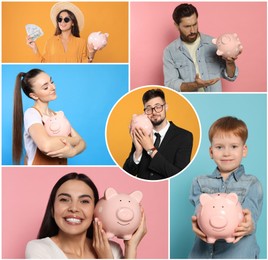 Collage with photos of people holding ceramic piggy banks on different color backgrounds