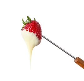 Fondue fork with strawberry dipped into chocolate on white background