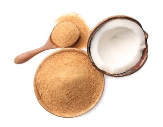 Photo of Coconut sugar in bowl, spoon and fruit isolated on white, top view