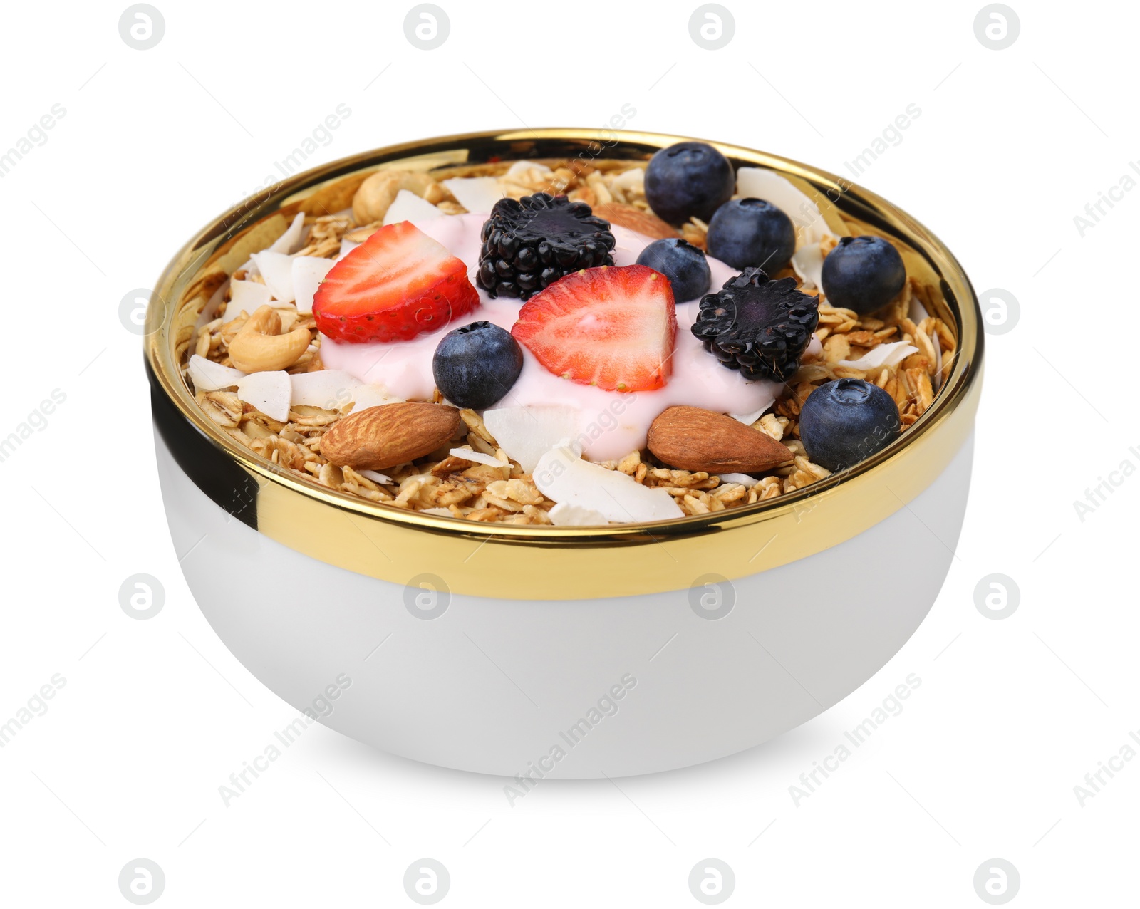 Photo of Tasty granola, yogurt and fresh berries in bowl on white background. Healthy breakfast