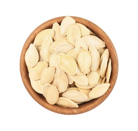 Wooden bowl with pumpkin seeds isolated on white, top view