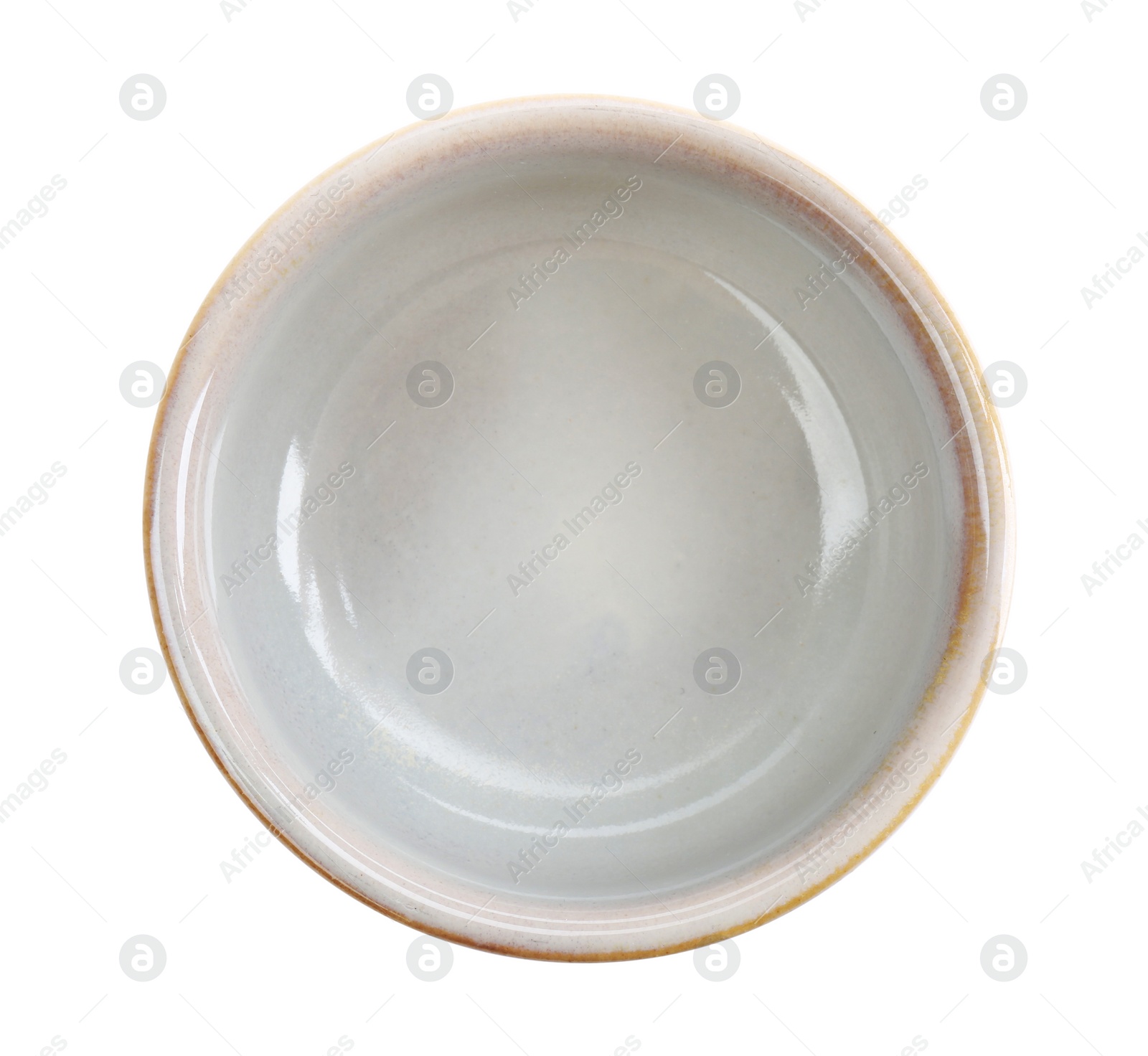 Photo of New ceramic bowl on white background, top view