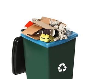 Trash bin with garbage on white background. Waste recycling