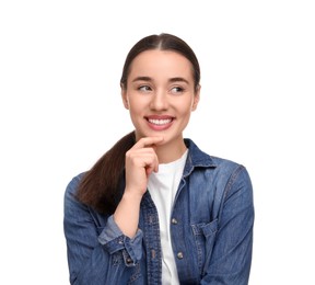 Photo of Young woman with clean teeth smiling on white background