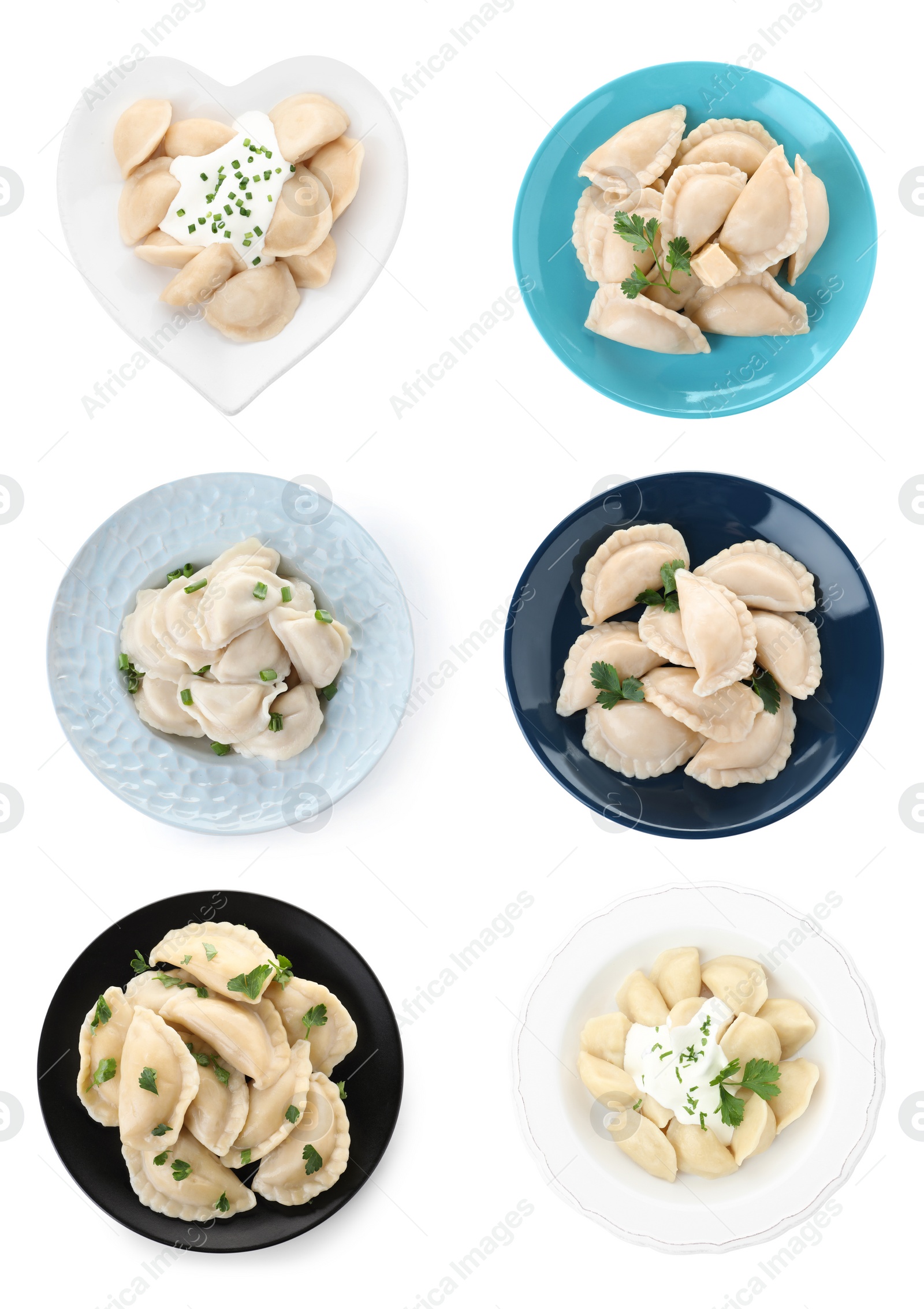 Image of Set of tasty dumplings isolated on white, top view