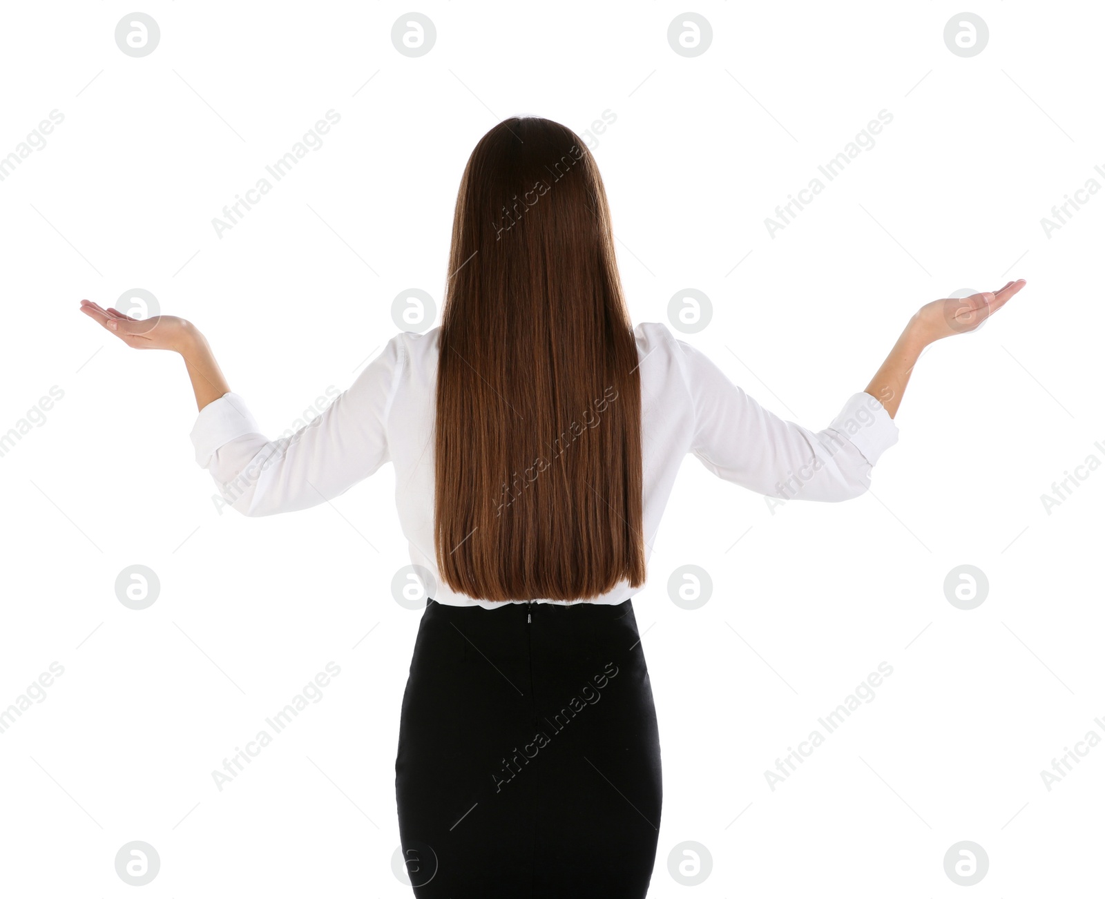 Photo of Businesswoman showing balance gesture on white background