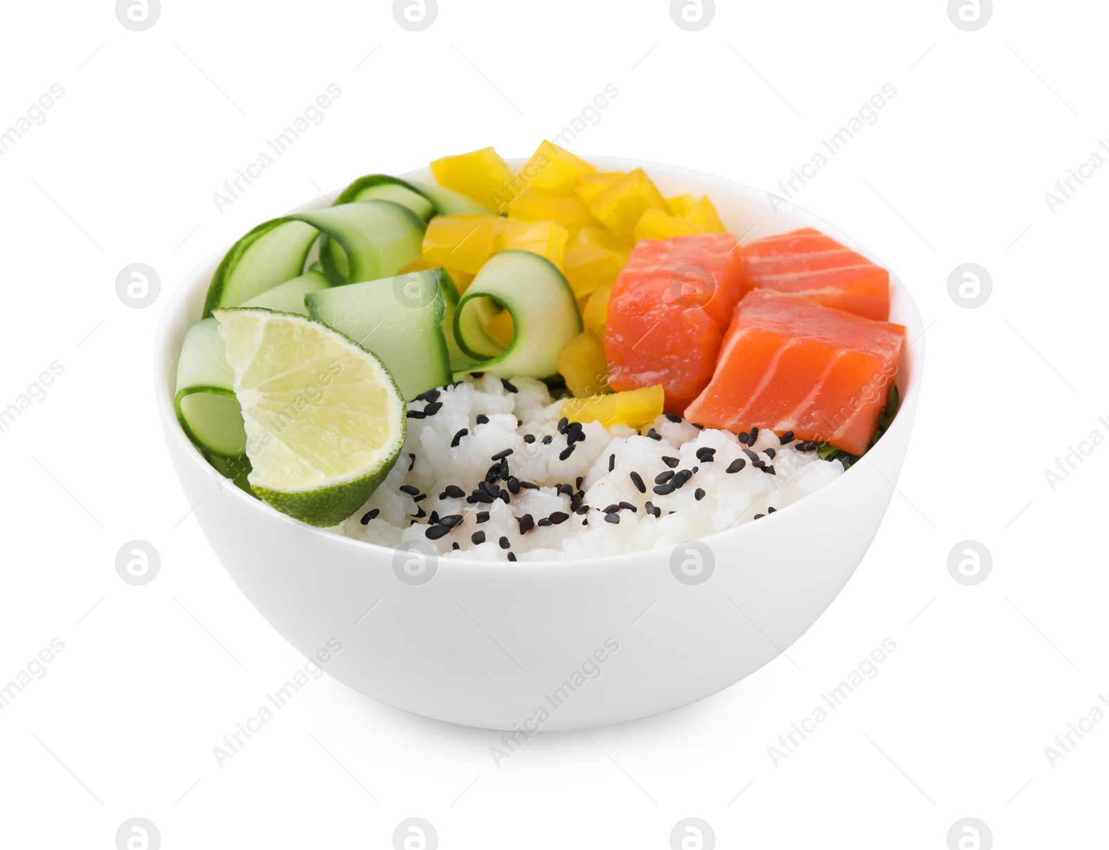 Photo of Delicious poke bowl with salmon, lime and vegetables isolated on white