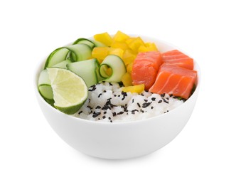 Delicious poke bowl with salmon, lime and vegetables isolated on white