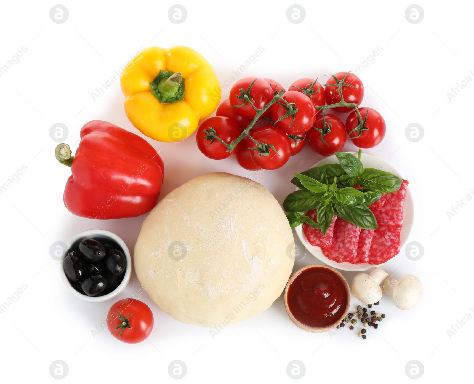 Photo of Fresh dough and ingredients for pizza on white background, top view