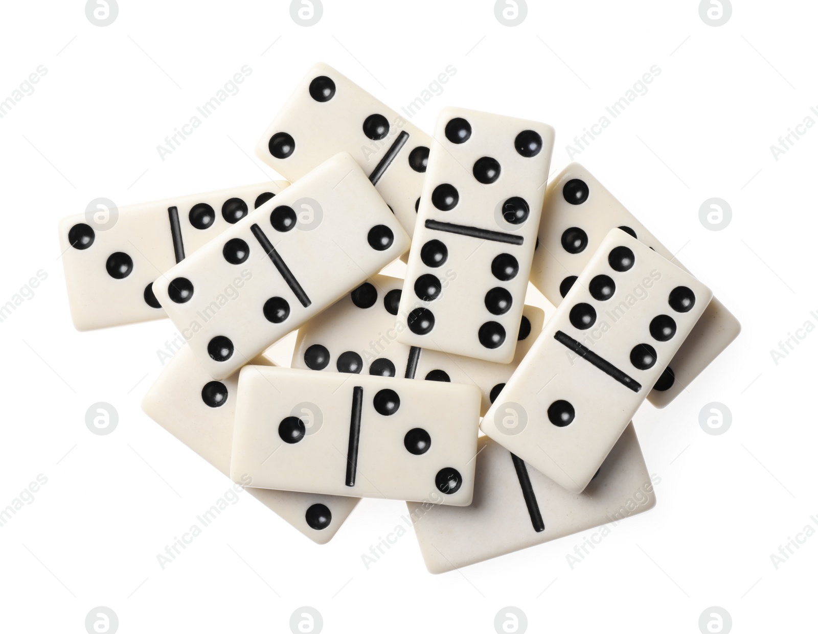 Photo of Pile of classic domino tiles on white background, top view