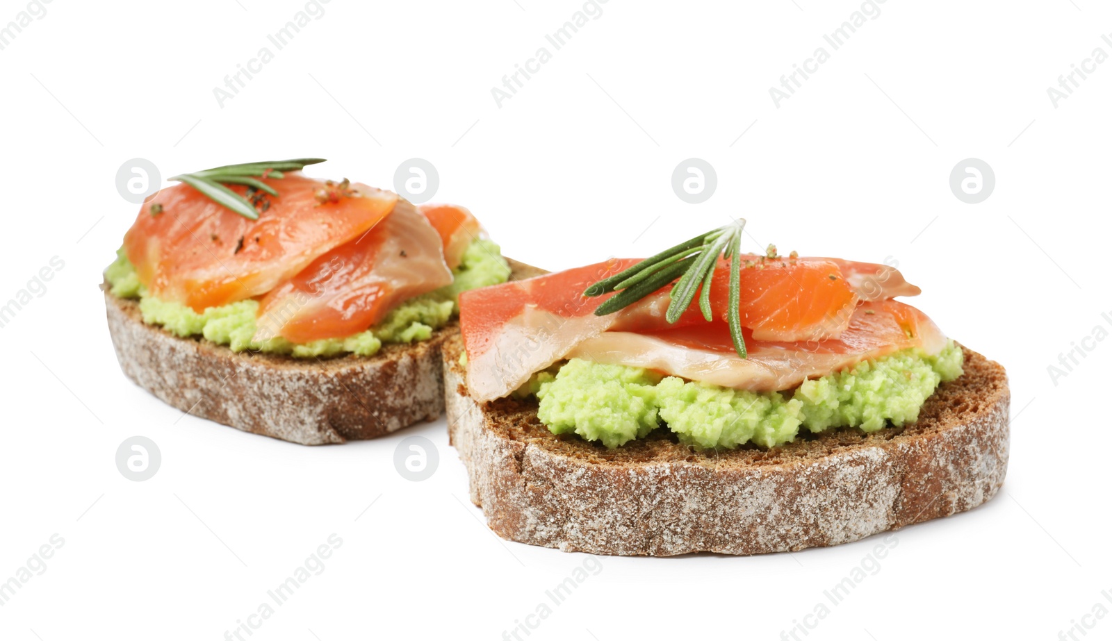 Photo of Delicious sandwiches with salmon, avocado and rosemary on white background