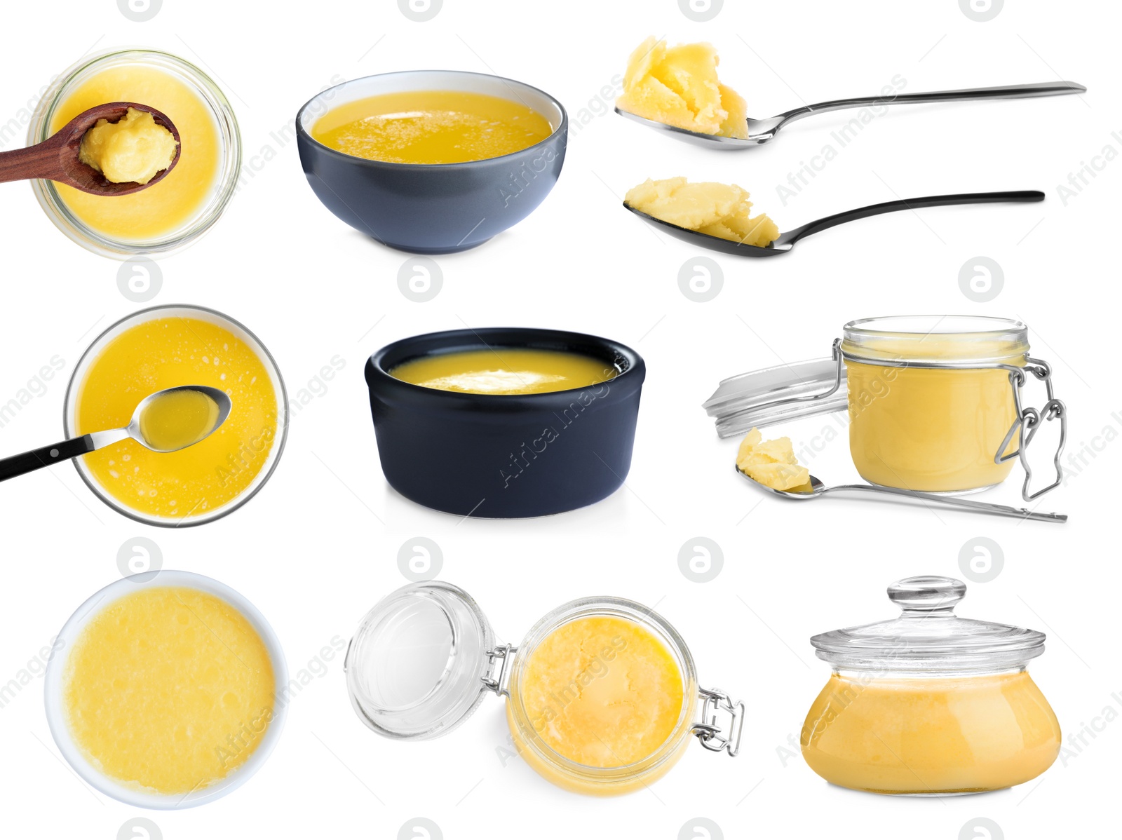 Image of Set with tasty ghee butter on white background