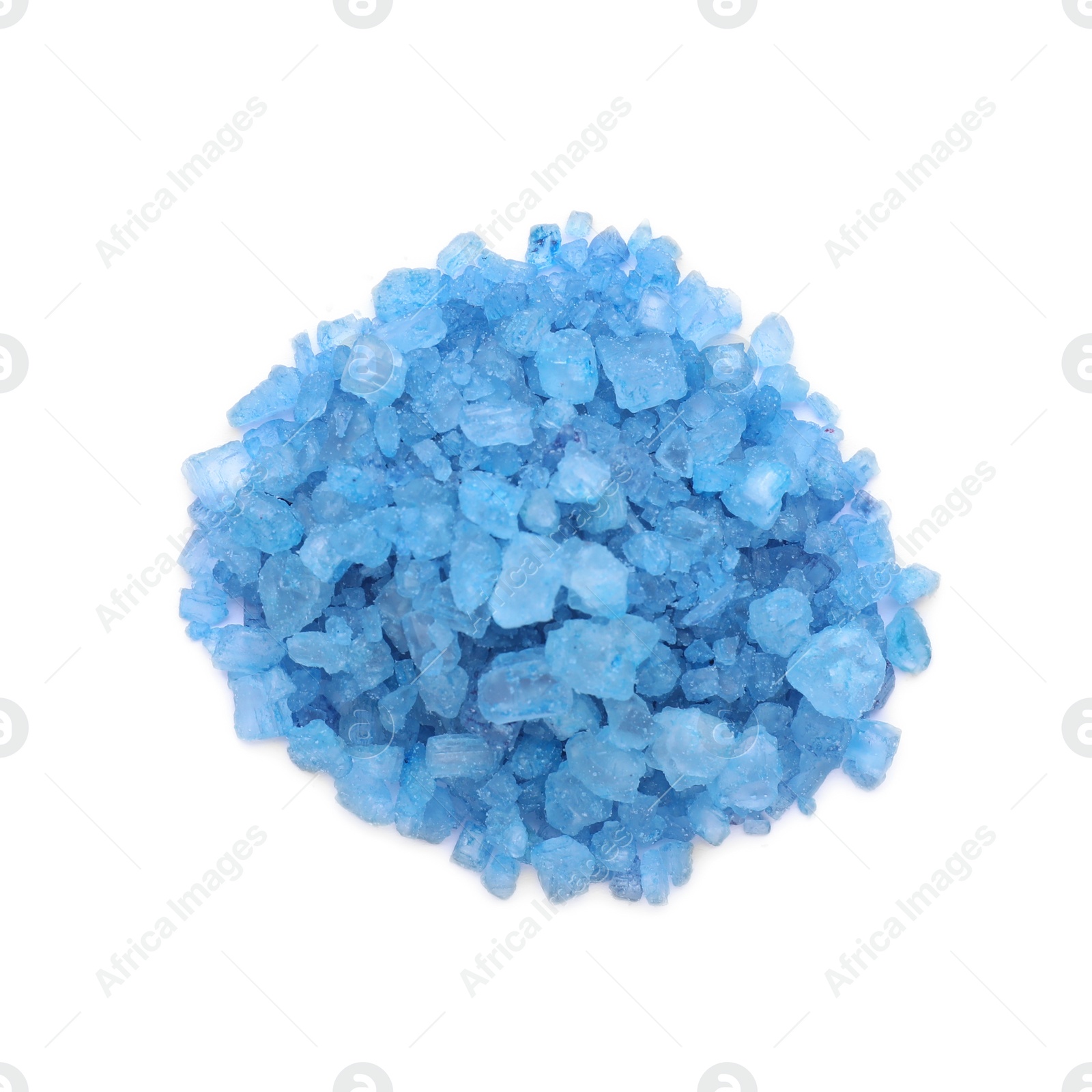 Photo of Heap of blue sea salt isolated on white, top view