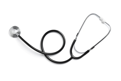 Photo of Stethoscope isolated on white, top view. Medical tool