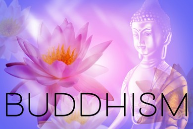 Buddhism. Double exposure of lotus flowers and Buddha figure