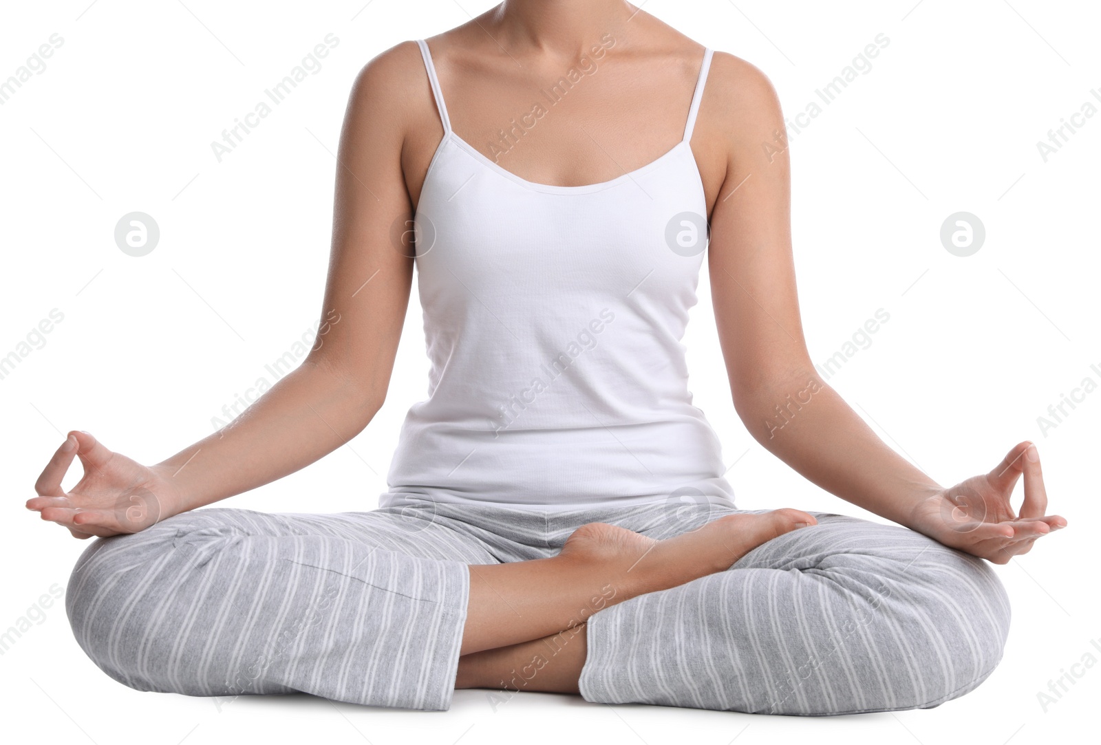 Photo of African-American woman meditating on white background, closeup