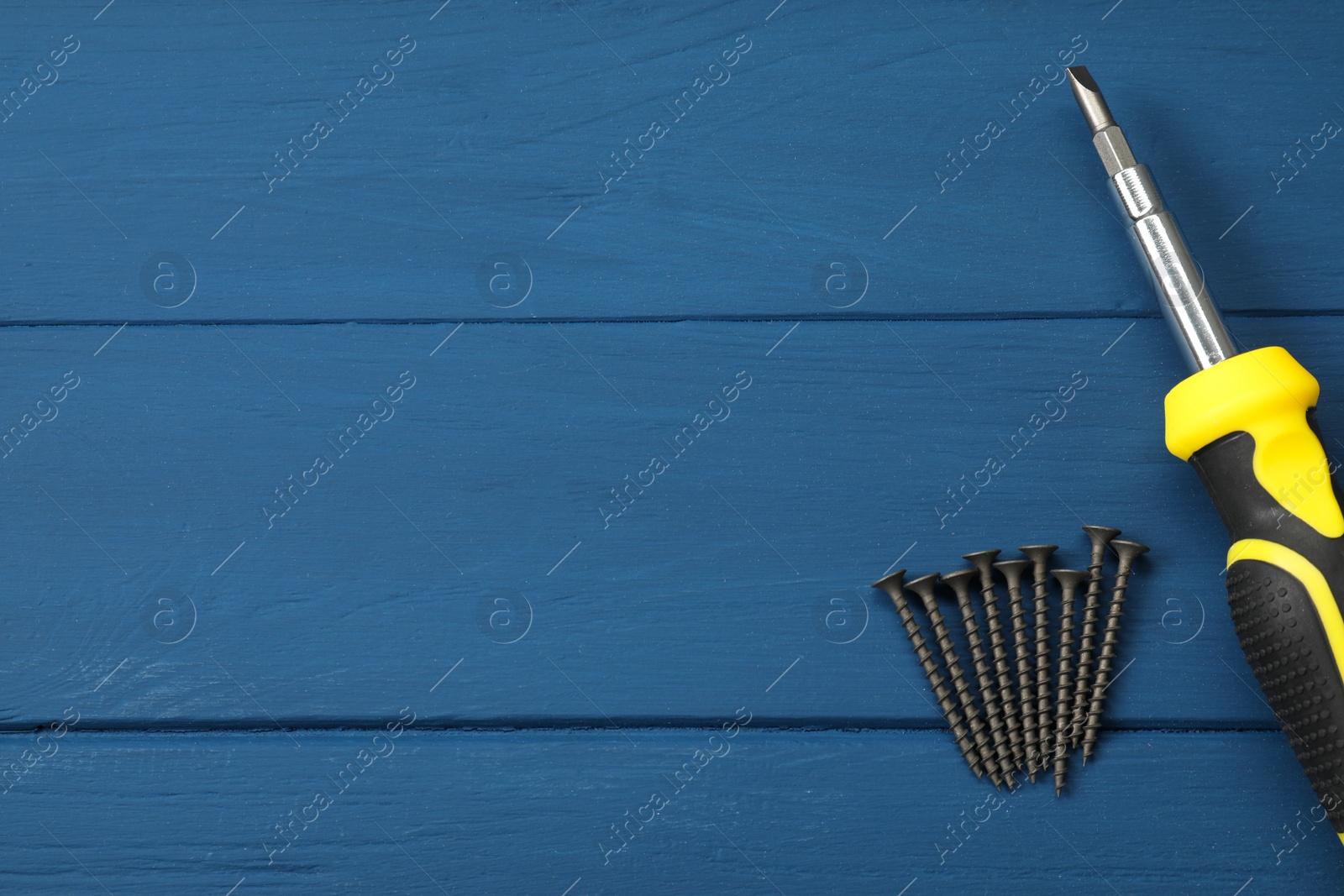 Photo of Screwdriver with black handle and screws on blue wooden table, flat lay. Space for text