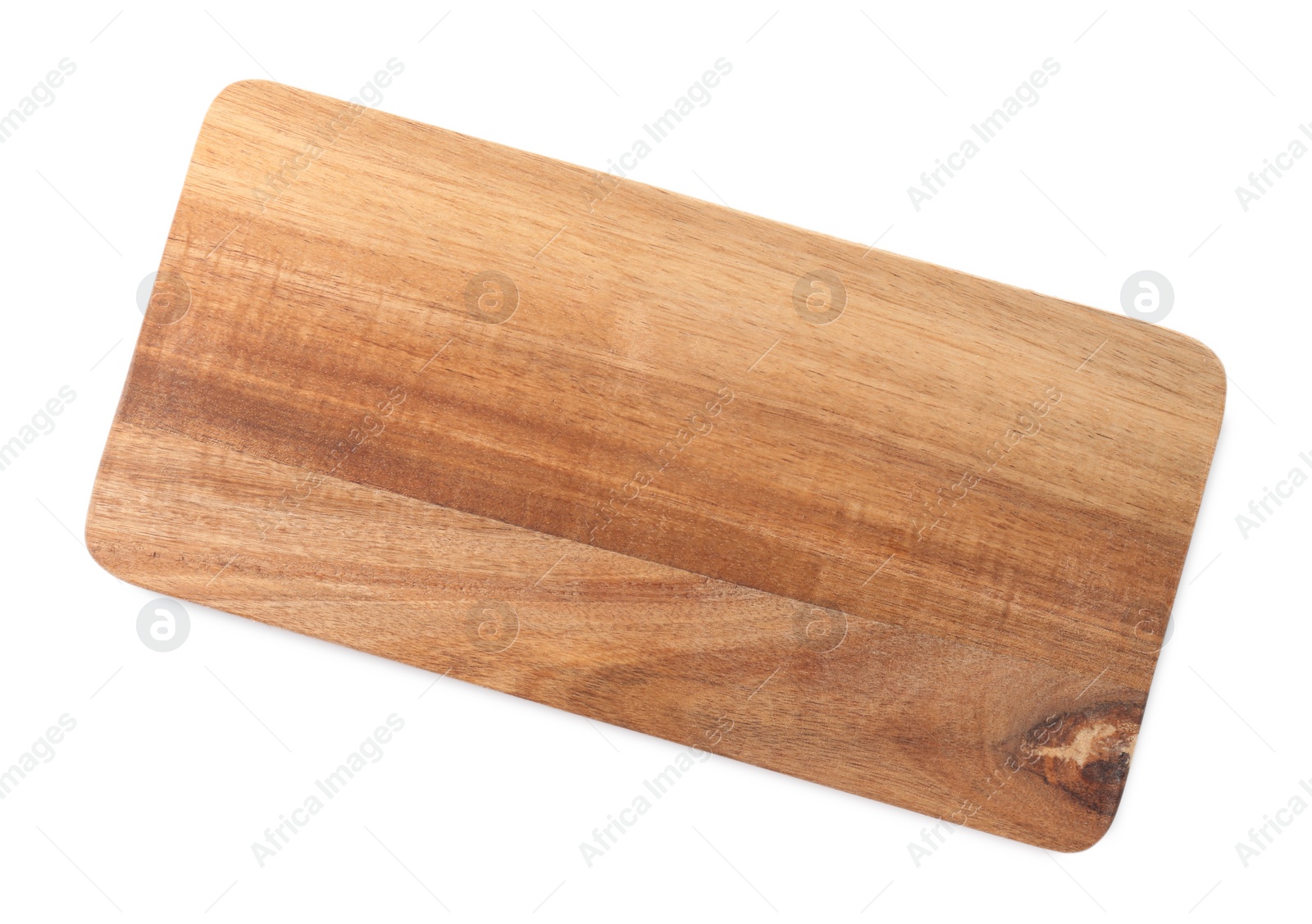 Photo of One wooden cutting board on white background, top view