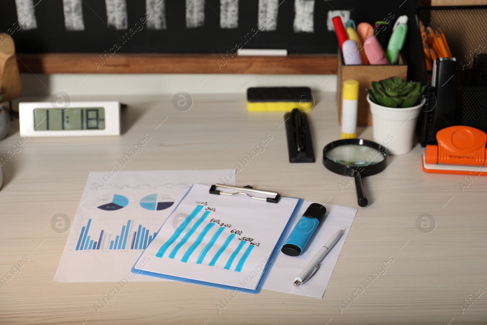 Photo of Business process planning and optimization. Workplace with different graphs and other stationery on wooden table