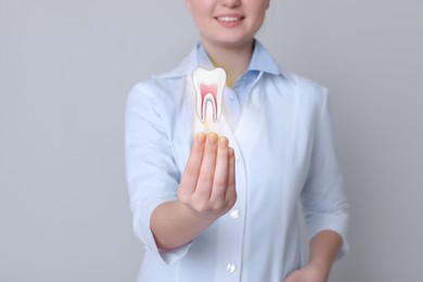 Dentist showing virtual model of tooth on light grey background, closeup