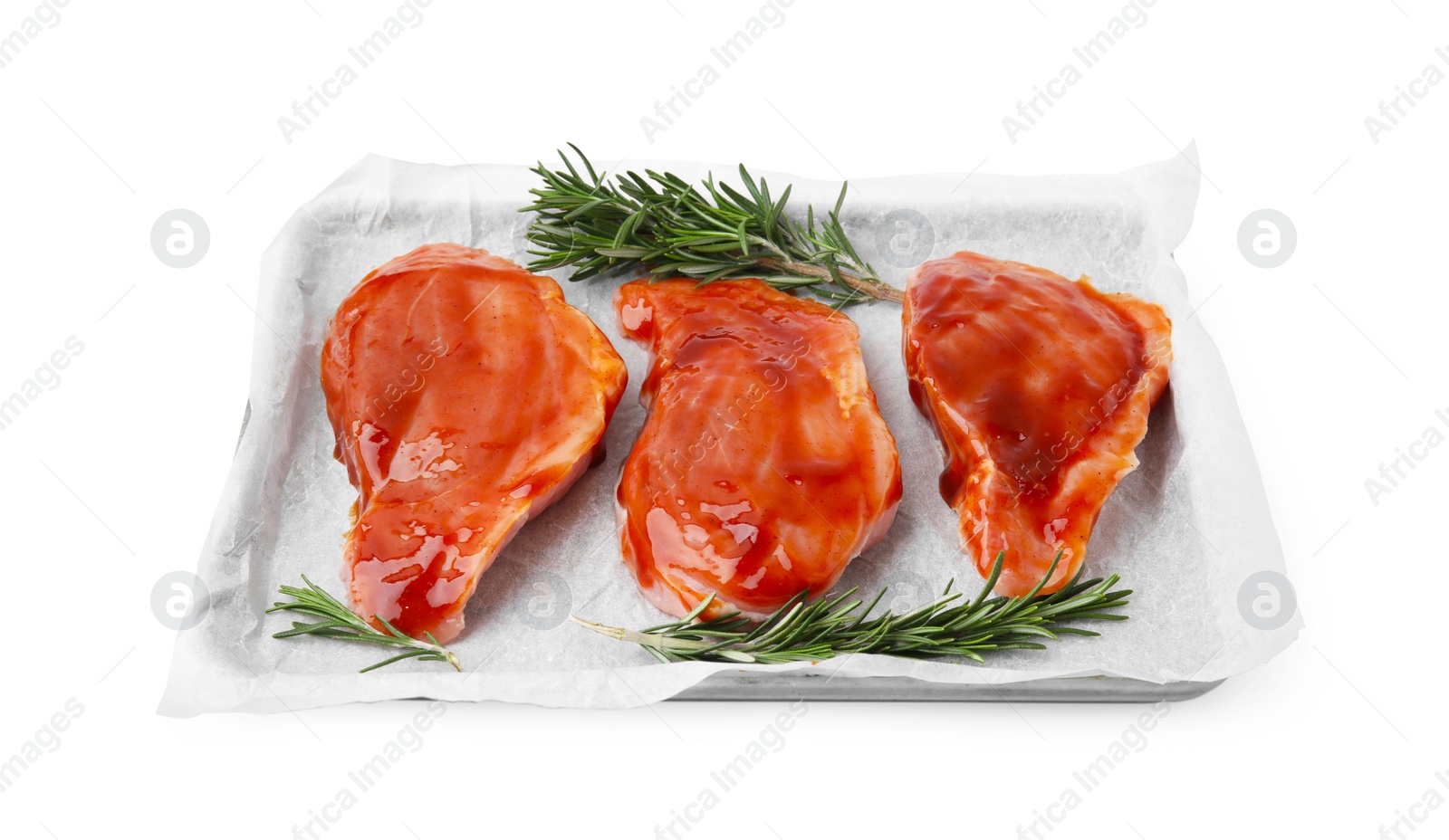 Photo of Raw marinated meat and rosemary isolated on white